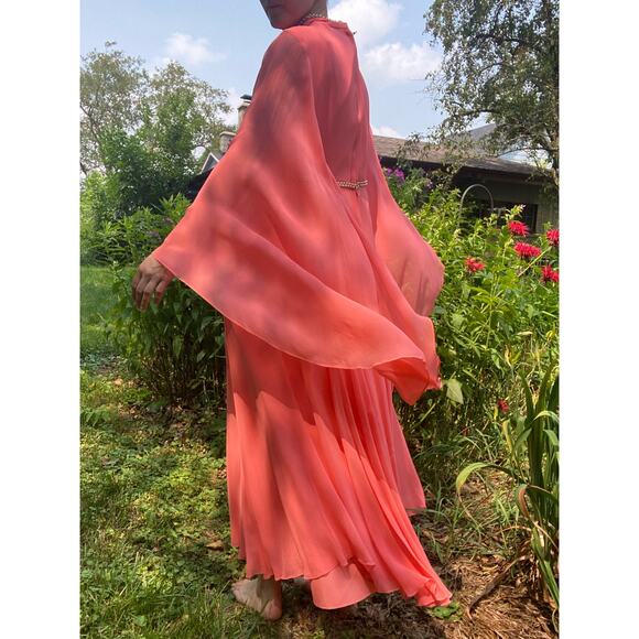 Size L//Vintage 60s Peach Chiffon Gown with Pearl Trim - Picture 2 of 4